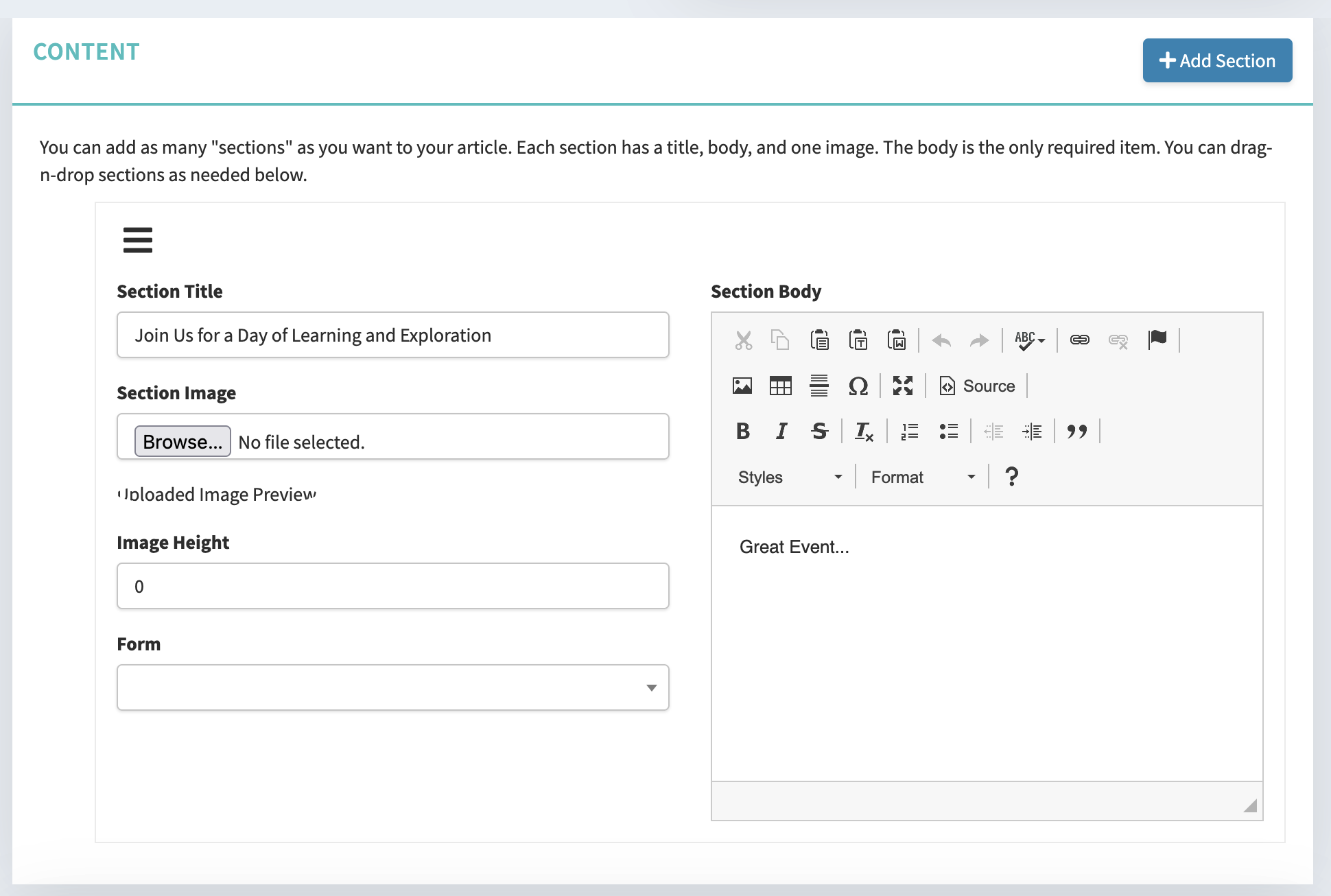 Custom Page section with Form dropdown selected