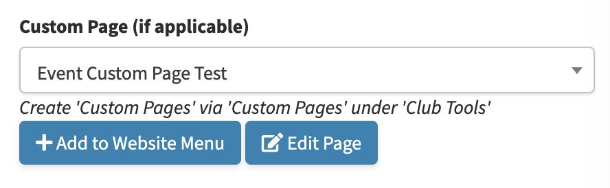 Event edit screen with Custom Page selected and Add to Website Menu button