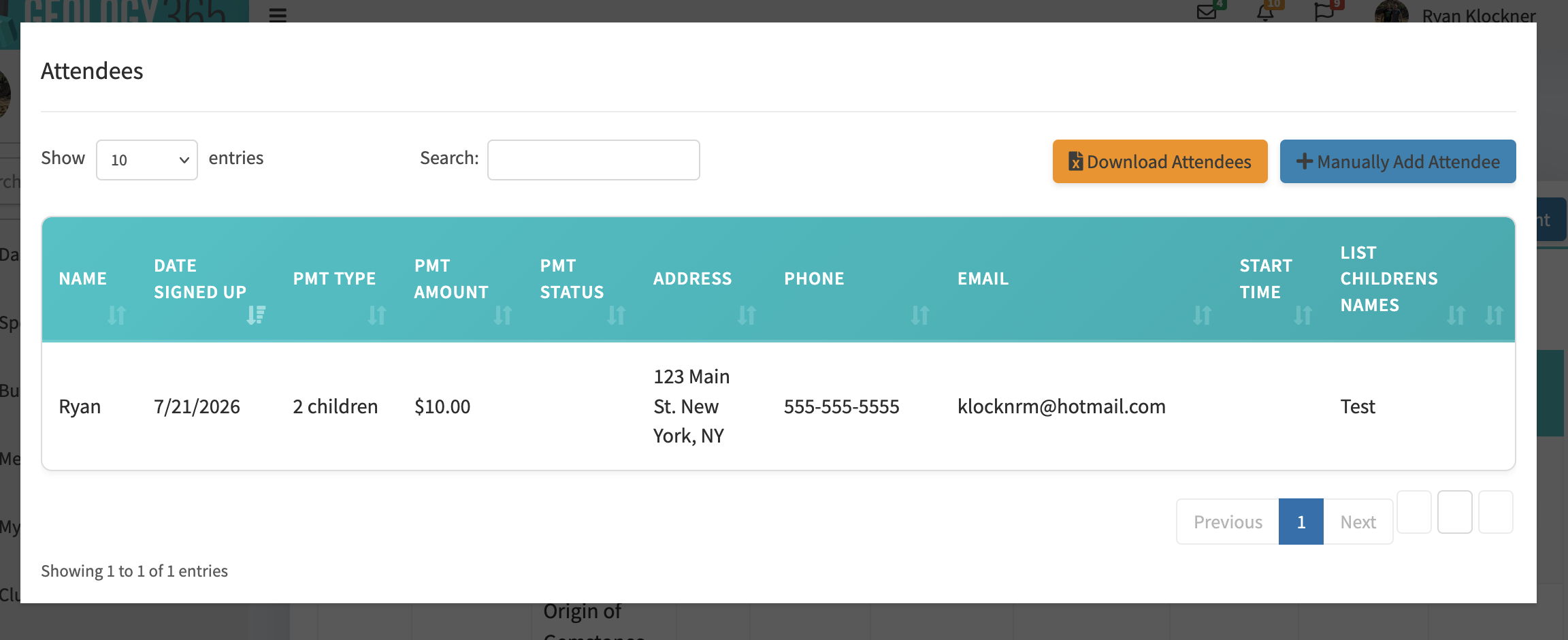 Event signup submissions admin screen